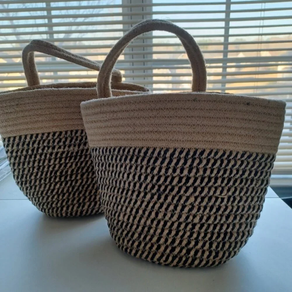 Set of 2 Rope Hanging Baskets | Woven Storage | Black & Beige | NWT